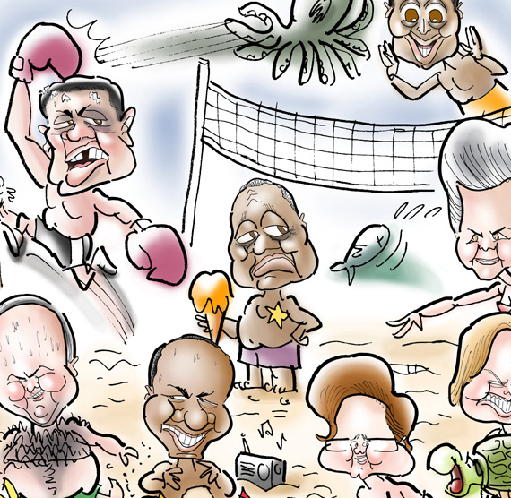 Detail image of cover illustration for summer issue of Philadelphia City Paper, beach scene with eight caricatures, including Sylvester Stallone as Rocky Balboa, M. Night Shyamalan who directed The Sixth Sense, and former Pennsylvania governor Ed Rendell