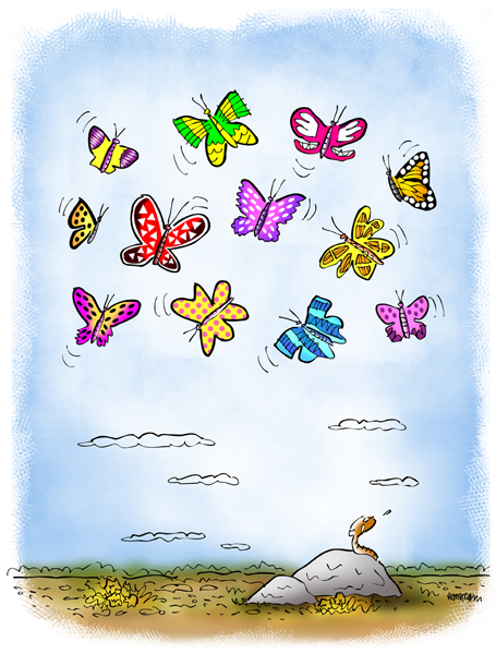 Little worm on rock gazing up with envy at beautiful butterflies hovering and soaring in the sky above him