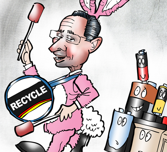 detail image of Connecticut Governor Dannel "Dan" Malloy as Energizer Bunny banging Recycle drum, leading old batteries to recycling center