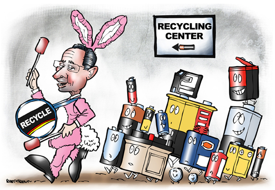 Connecticut Governor Dannel "Dan" Malloy as Energizer Bunny banging Recycle drum, leading old batteries to recycling center
