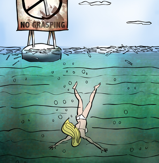 detail image of sign on buoy in ocean says grasping at straws is prohibited, drowned woman in bikini sinking down into murky depths as straws float on surface of water