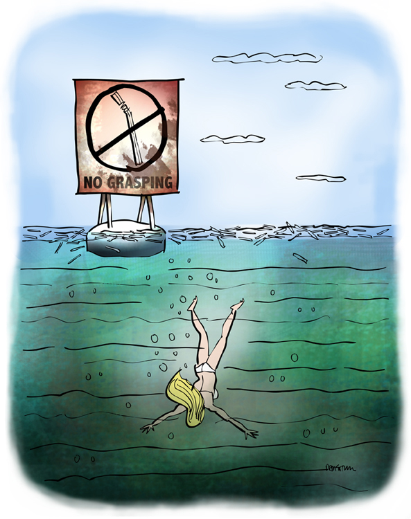 Sign on buoy in ocean says grasping at straws is prohibited, drowned woman in bikini sinking down into murky depths as straws float on surface of water