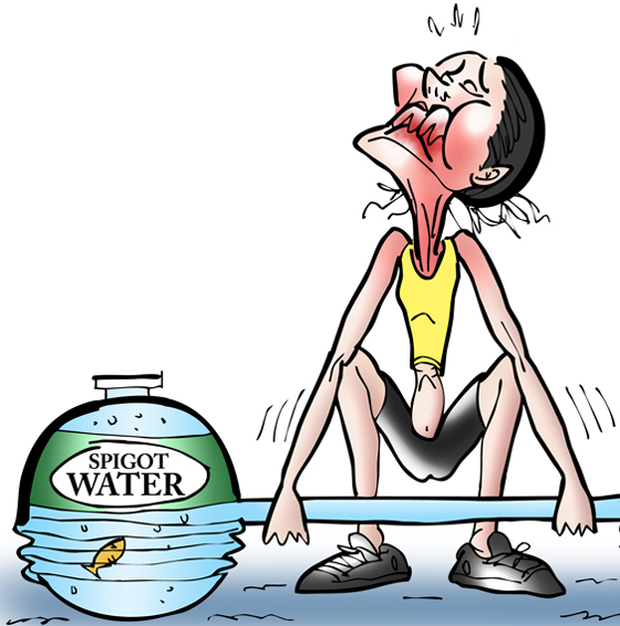 detail image of skinny woman in gym workout clothes red in face and straining to lift barbell whose weights are two big jugs of spigot water and faucet water with goldfish swimming in them