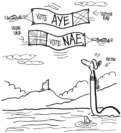 Nessie the Loch Ness Monster in Scottish Highlands looking up at two airplanes flying across sky, one plane pulling banner with Scottish flag that says Vote Aye, other plane pulling banner with Union Jack United Kingdom flag that says Vote Nae, reference to Scottish Referendum scheduled for September 18, 2014 to decide if Scotland should be independent country