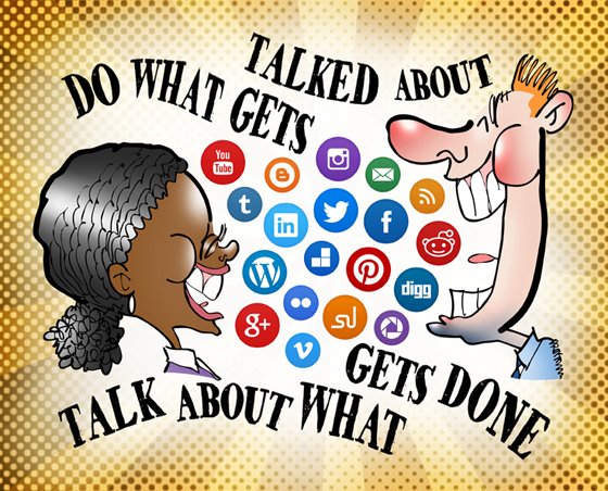 retro pattern overlay on Black woman, white man talking laughing air filled with social media icon buttons Twitter Facebook LinkedIn Reddit Do what gets talked about, talk about what gets done