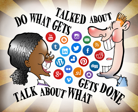 sunburst background with layer mask for Black woman, white man talking laughing air filled with social media icon buttons Twitter Facebook LinkedIn Reddit Do what gets talked about, talk about what gets done