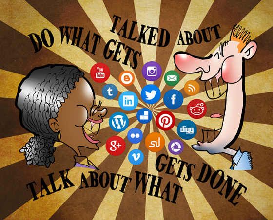 sunburst background for Black woman, white man talking laughing air filled with social media icon buttons Twitter Facebook LinkedIn Reddit Do what gets talked about, talk about what gets done