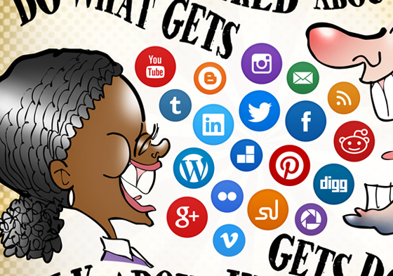 detail image of Black woman, white man talking laughing air filled with social media icon buttons Twitter Facebook LinkedIn Reddit Do what gets talked about, talk about what gets done