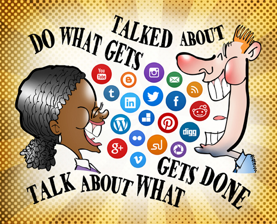 Black woman, white man talking laughing air filled with social media icon buttons Twitter Facebook LinkedIn Reddit Do what gets talked about, talk about what gets done