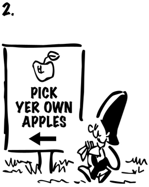 Busker saxophone playing street musician walking along carrying empty sack passing sign that says Pick Your Own Apples