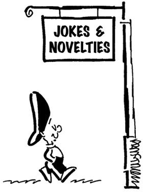 Street musician saxophone player Busker smiling as he walks into joke and novelty shop