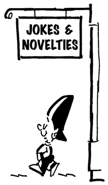 Street musician saxophone player Busker smiling as he exits joke and novelty shop