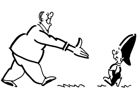 Smiling political candidate campaigner running for office, walking toward Busker with big smile and hand extended for shake