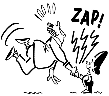 Street musician saxophone player Busker giving political candidate a zap as he shakes his hand with a joy buzzer