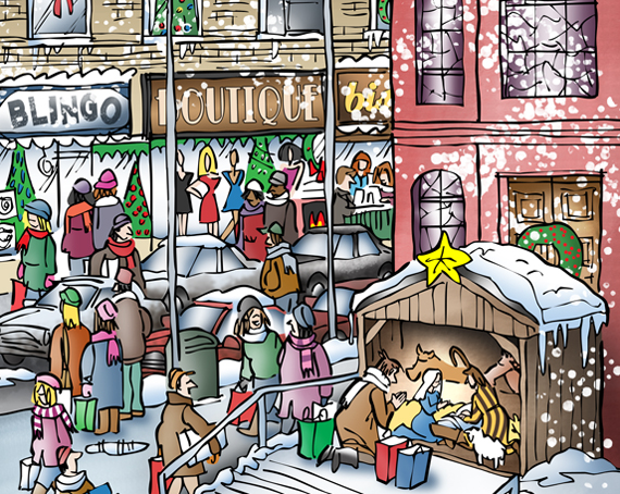 detail image of Christmas cover city street scene church on corner people shopping snow falling store windows decorations man kneeling by creche saying prayer by Mary Joseph Baby Jesus