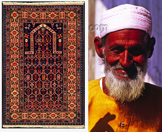 photos of Muslim prayer rug and old wrinkled Moslem man with turban