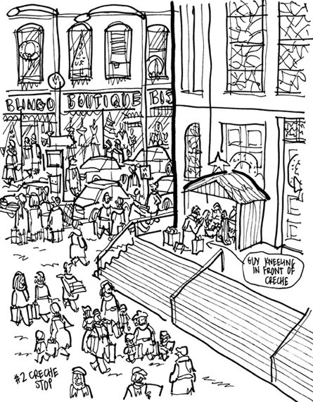 rough sketch of Christmas cover city street scene with church shoppers guy kneeling at creche top of church steps saying a prayer