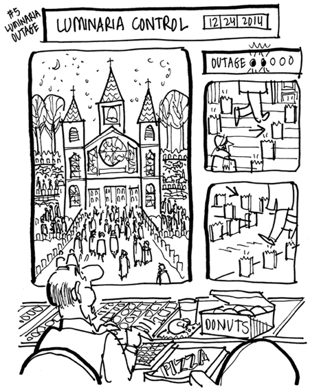 rough sketch of Christmas cover guy eating donuts in front of church luminaria control board which shows two of the candles lining the steps and sidewalks have gone out