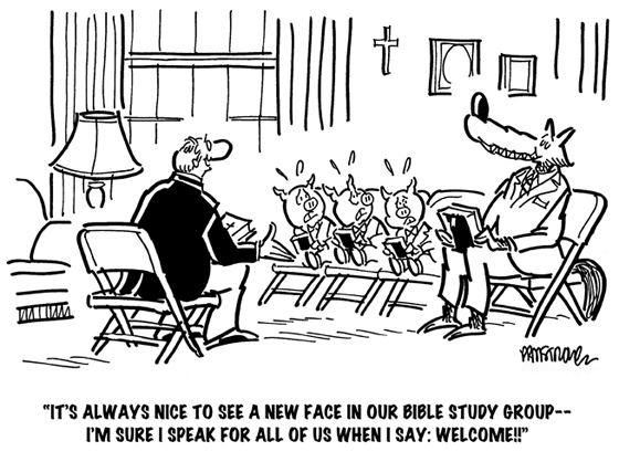pastor welcoming big bad wolf to Bible study group with three little pigs who are terrified