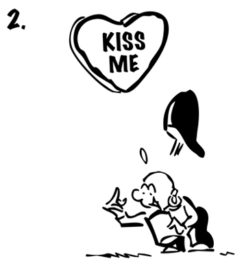 Street musician Busker finds Valentine candy conversation heart which says Kiss Me in tin can donation cup