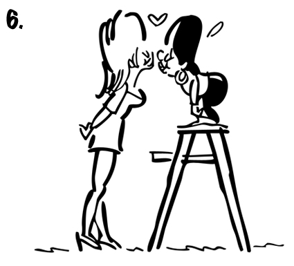 Street musician Busker standing on stepladder so he can kiss tall blonde babe woman