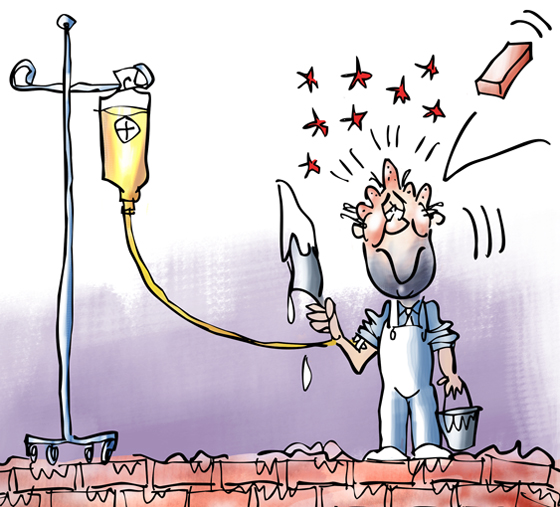 When life throws you bricks build a foundation guy on brick wall with cement trowel brick hit head I.V. bag plasma blood transfusion detail image