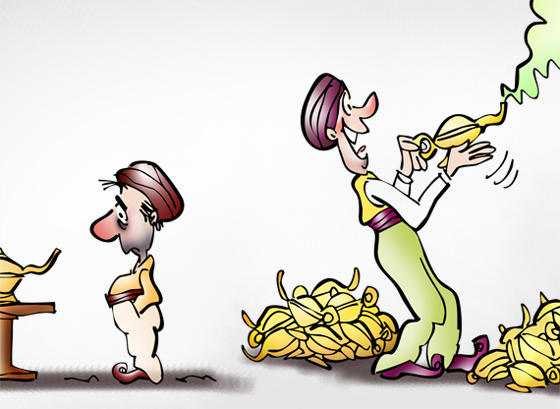 Aladdin magic lamp guy looking at silent lamp second guy by pile of lamps rubbing lamp emitting genie cloud be proactive not every lamp has a genie detail image