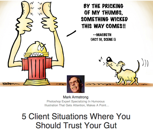 Header image for LinkedIn post about client situations where need to trust your gut showing anthropomorphic fire hydrant with itchy thumbs looking with disgust at approaching dog, parody of witch's line Something wicked this way comes in Shakespeare's play Macbeth