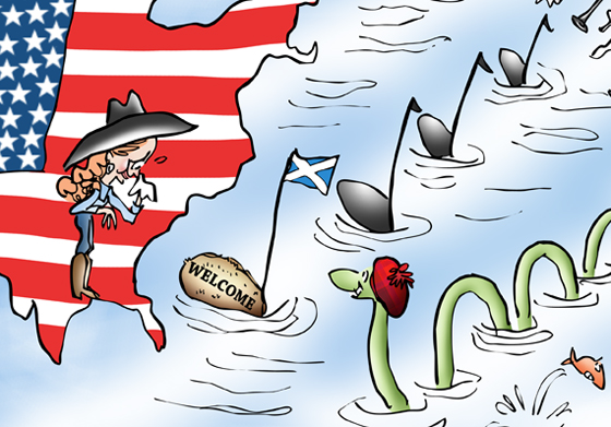 detail image of musical notes forming bridge between Scotland and United States, with welcome mat for Scots expatriate cowgirl with flag, bagpipes, and Nessy the Loch Ness Monster