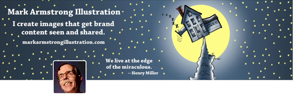new Mark Armstrong Illustration 1500 pixel wide Twitter header image with website URL Henry Miller quote as displayed on iMac desktop monitor