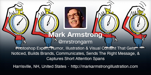 Old Mark Armstrong Twitter header image 520 pixels wide showing stopwatch men saying illustrations capture short attention spans
