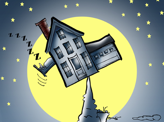 detail image illustration for Rumpus.com house precariously balanced on mountain peak, guy in bed sliding out window, moon stars mountain goat