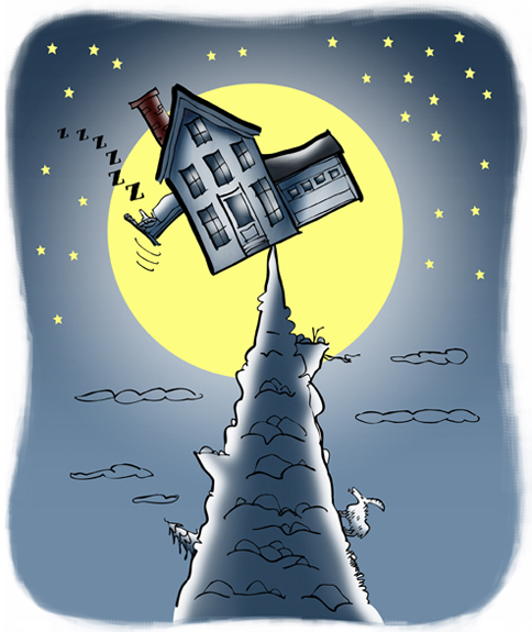 illustration for Rumpus.com house precariously balanced on mountain peak, guy in bed sliding out window, moon stars mountain goat