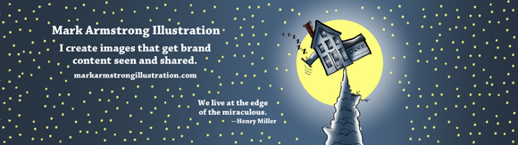 add Mark Armstrong Illustration website URL Henry Miller quote re edge of miraculous to 1500 pixel wide Twitter header image template