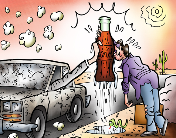 thirsty guy kissing cold Coke bottle detail image car stopped in desert hand from window cow skull snake hot sun buzzards perched on cactus