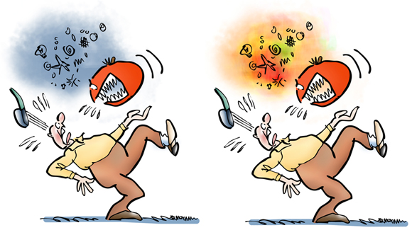 Man frightened panicky because tomato has come to life baring its teeth angry swearing compare blue cuss cloud to red-orange cloud