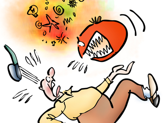 detail image Man frightened panicky because tomato has come to life baring its teeth angry swearing