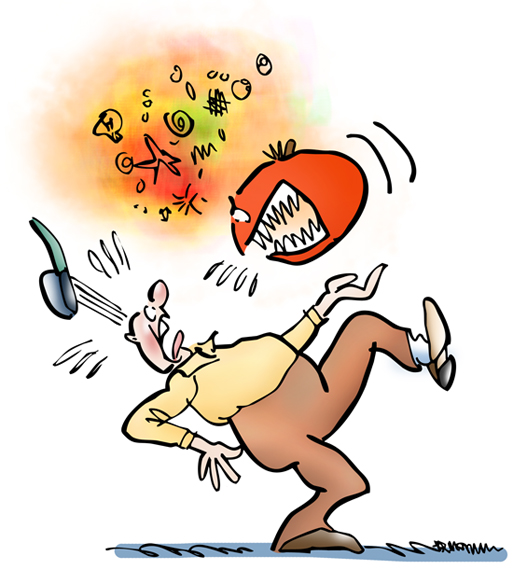 Man frightened panicky because tomato has come to life baring its teeth angry swearing