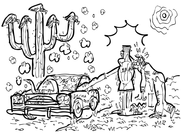 revised rough sketch car stopped in desert hand from window offering cold Coke thirsty guy gratefully kissing bottle cow skull snake hot sun buzzards perched on cactus