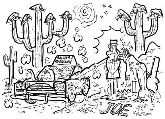 car stopped in desert hand from window offering cold Coke thirsty guy gratefully kissing bottle cow skull snake hot sun buzzards perched on cactus