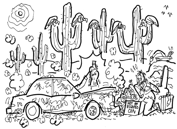guy in desert dying of thirst buzzards on cactus car stopped hand emerging from window with ice-cold Coke