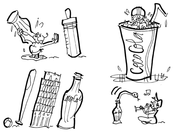 Coca-Cola sketches baby prefers Coke to milk bottle football player kid cooling off in Coke cup baseball bat Coke bottle Tower Of Pisa leaning snake charmer kid snake emerging from Coke bottle