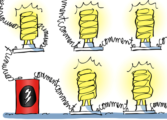 detail image Battery with comments as electrical wires connecting spiral CFL lightbulbs with meter showing high network strength idea leaving comments on posts helps you make connections and build network