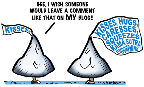 Two Hershey's foil-wrapped chocolate kisses with little tags kisses hugs caresses squeezes kama sutra endorphins representing enthusiastic comments left on blog