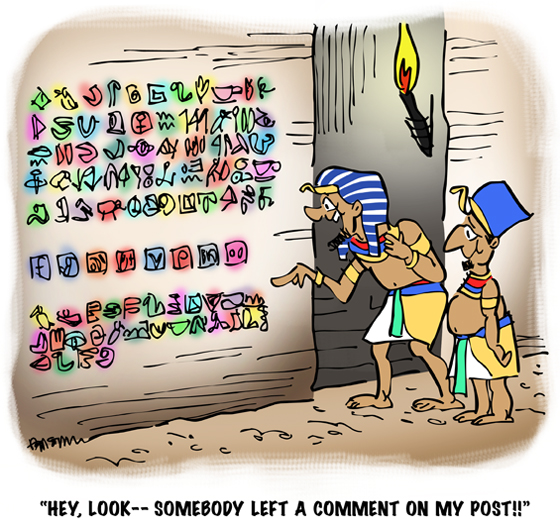Cartoon showing ancient Egyptians looking at hieroglyphics on wall representing blog post, social media share icons, and comment someone left on post
