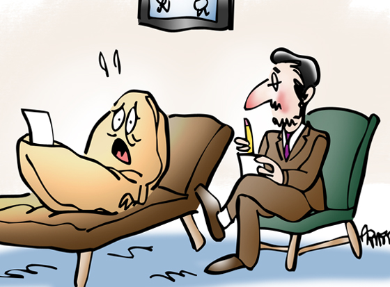 detail image Fortune cookie on psychiatrist couch telling of recurring dream he's in Chinese restaurant, someone breaks him in two and rips his guts out