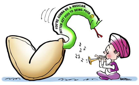 Aladdin type kid as snake charmer playing horn snake emerging from fortune cookie you will become musician better get used to being poor