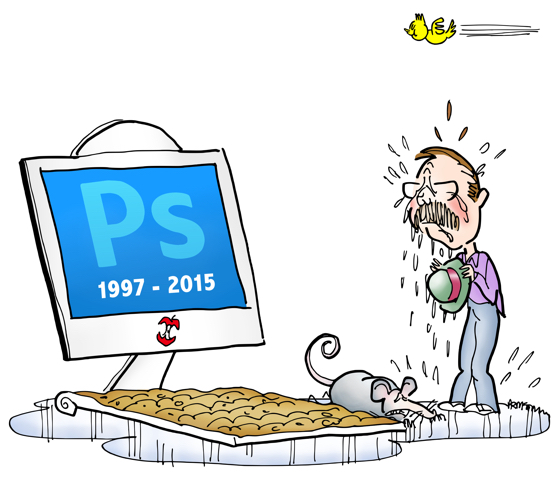 Twitter bird pooping on head of man crying puddle of tears at dead Photoshop monitor gravestone with dead mouse next to dirt-covered keyboard