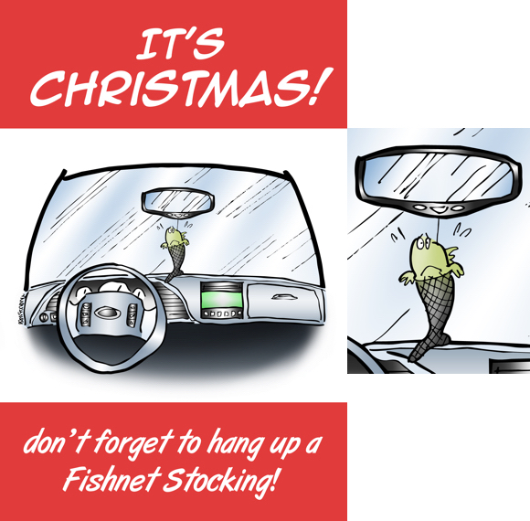 Humorous Christmas card car interior fish in fishnet stocking air freshener don't forget to hang up a fishnet stocking