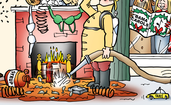 Santa trap in front of fireplace made with bras, mattress coil springs, maple syrup, baited with sardines, Coca-Cola plus little wind-up toy taxi car